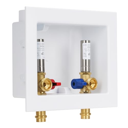 Press Washing Machine Outlet Box with Stainless Steel Water Hammer Arrestor, Center Drain, 1/2 Inch Press (Copper Pipe Only, Press Tool Required) x 3/4 Inch MHT, Washer Faucet Recessed Box - color: PRESS/SS Arrestor