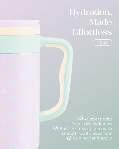 40 oz Insulated Tumbler with Handle and Push-Button Straw Lid, Stainless Steel Travel Cup for Gym Office, Leakproof, BPA-Free, Cup Holder Friendly, Bow Silicone Boot, Purple (Bow Lilac) - color: Bow Lilac