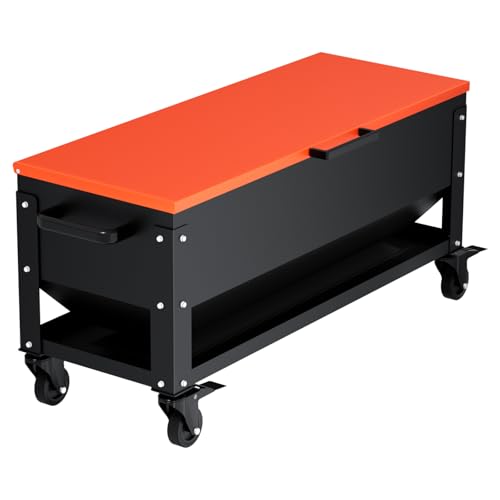 Heavy Duty Chicken Feeder 120 lbs Large Capacity, Metal Automatic Poultry Feeding Box with Waterproof Lid, Raised Standing Feeder with Wheels for Hens & Roosters, Portable & Easy to Move - color: Orange