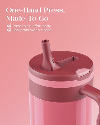 40 oz Insulated Tumbler with Handle and Push-Button Straw Lid, Stainless Steel Travel Cup for Gym Office, Leakproof, BPA-Free, Cup Holder Friendly, Bow Silicone Boot, Pink (Dusty Rose) - color: Dusty Rose