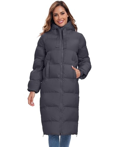 HOTIAN Womens Winter Maxi Long Puffer Coat Thicken Hooded Down Quilted Padded Jacket Winter Warm Outerwear - color: Grey, size: Medium