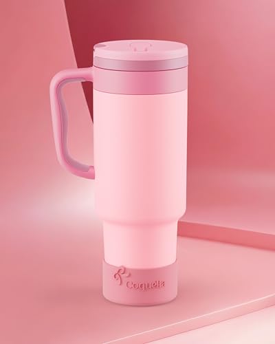 40 oz Insulated Tumbler with Handle and Push-Button Straw Lid, Stainless Steel Travel Cup for Gym Office, Leakproof, BPA-Free, Cup Holder Friendly, Bow Silicone Boot, Pink (Rose Quartz) - color: Rose Quartz