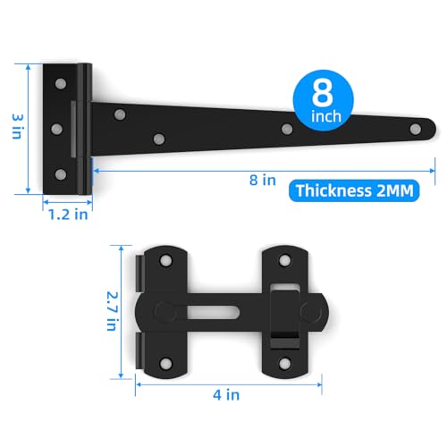 Fence Gate Frame Kit with 8 inch Hinges and Gate Latch, Includes Corner Brace Brackets, Suitable for Wooden Shed Doors and Barn Doors - size: 8 inch set