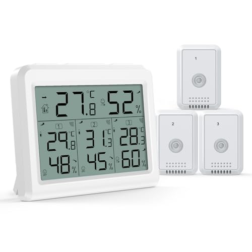 AMIR Indoor Outdoor Thermometer, 3 Channels Digital Hygrometer Thermometer with 3 Sensor, Temperature Humidity Monitor with LCD Display, Wireless Humidity Gauge for Home, Baby Room