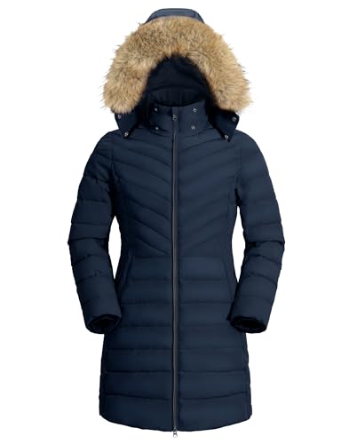Pioneer Camp Women's Winter Coats Warm Thicken Long Puffer Jacket Waterproof Quilted Parka with Removable Faux Fur Hood - color: Navy Blue, size: Small
