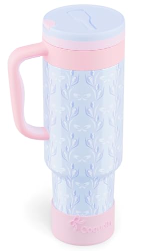 40 oz Insulated Tumbler with Handle and Push-Button Straw Lid, Stainless Steel Travel Cup for Gym Office, Leakproof, BPA-Free, Cup Holder Friendly, Bow Silicone Boot, Blue (Tulip Blue) - color: Tulip Blue