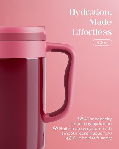 40 oz Insulated Tumbler with Handle and Push-Button Straw Lid, Stainless Steel Travel Cup for Gym Office, Leakproof, BPA-Free, Cup Holder Friendly, Bow Silicone Boot, Red (Wine Burgundy) - color: Wine Burgundy