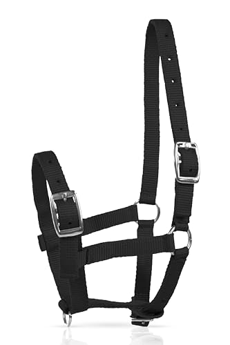 HORZE Adjustable Mini Horse Halter, Nylon Design for Foals, Colts, Fillies | Durable Miniature Horse Foal Halter for Horses, Suitable for Pony, Yearling and Weanling Sizes, Comfortable Fit for Training - color: Black