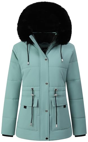 MOERDENG Women's Warm Winter Puffer Coat Thicken Fleece Lined Down Jacket Faux Fur Detachable Hood Snow Parka - color: Pea Green, size: Small