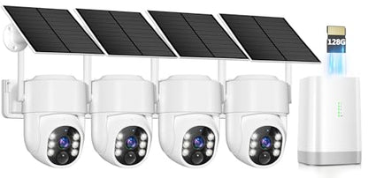 4MP Security Cameras Wireless Outdoor,No Subscription 128GB Local Storage,Solar Powered Cameras For Home Security With 360°PTZ,4 Cam-Kit, Color Night Vision Home Security Camera System,5G & 2.4G,IP66