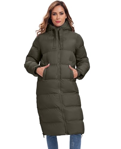 HOTIAN Womens Winter Maxi Long Puffer Coat Thicken Hooded Down Quilted Padded Jacket Winter Warm Outerwear - color: Army Green, size: Medium