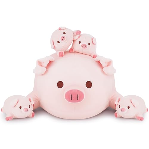 Achwishap 5PCS Pig Family,Pig Stuffed Animal Mommy with 4 Pig Babies Plush,Cute Pig Plush Pillow Cushion Doll,Kawaii Pig Plush Toy Hugging Pillow for Kids Adults Birthday Gifts(16” Pig Family) - color: Pink Pig Family-mommy and Kids