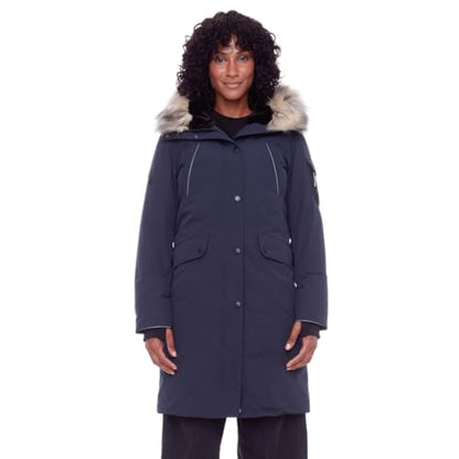 ALPINE NORTH Laurentian Women’s Vegan Down Long Parka Jacket with Faux Fur Hood - color: Navy, size: X-Large, style: Standard Size