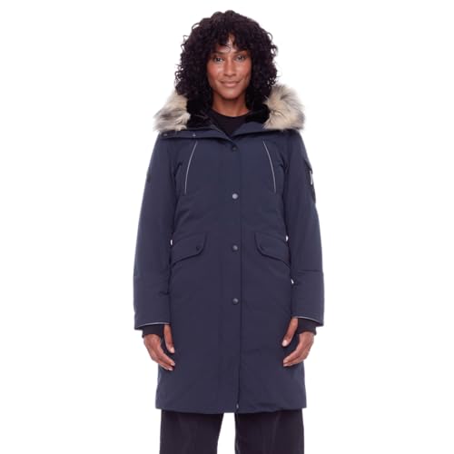 ALPINE NORTH Laurentian Women’s Vegan Down Long Parka Jacket with Faux Fur Hood - color: Navy, size: Small, style: Standard Size