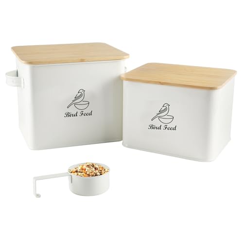 Airtight Bird Seed Storage Container Set of 2, 10LB Metal Bird Food Container with Bamboo Lids,Wild Bird Seed Tin for Storing Sunflower Seed-Squirrel proof -White - color: White(Bird Feed)