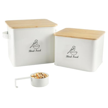 Airtight Bird Seed Storage Container Set of 2, 10LB Metal Bird Food Container with Bamboo Lids,Wild Bird Seed Tin for Storing Sunflower Seed-Squirrel proof -White - color: White(Bird Feed)
