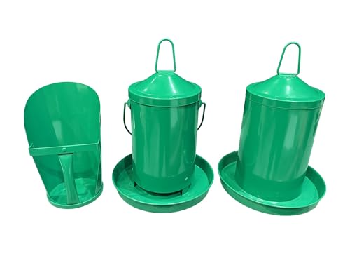 Zylina Powder Coated Green Metal Chicken Waterer 1 Gallon/Feeder 9 lbs/Scoop Combo Pack