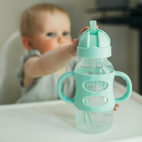 Dr. Brown's Wide-Neck Sippy Straw Bottle with Handles, Green, 9oz/270ml, 1-Pack - color: Green, size: 1 Count (Pack of 1)