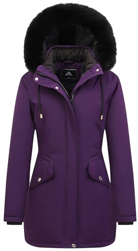 MOERDENG Women's Long Winter Down Coat Thicken Fleece Lined Parka Warm Puffer Jacket With Faux Fur Detachable Hood - color: Purple, size: Small
