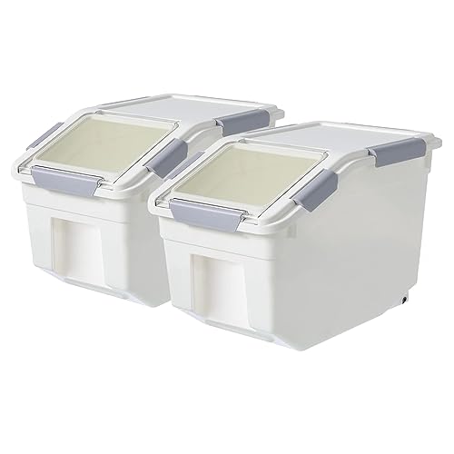 20Lbs 2 Pack Food Storage Container with Scoop, Airtight Rice Storage Bins Flour Containers Pet Food Dispenser with Handle & Wheels, Plastic Kitchen Pantry Organization for Cereal Baking Supplies - color: 2 pack- 20 lb