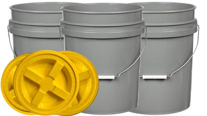 House Naturals 5 Gallon Food Grade Made in USA Plastic Bucket with Screw On Air Tight Double Gasket lid, (Pack of 3) (Gray Buckets-Yellow Lids)