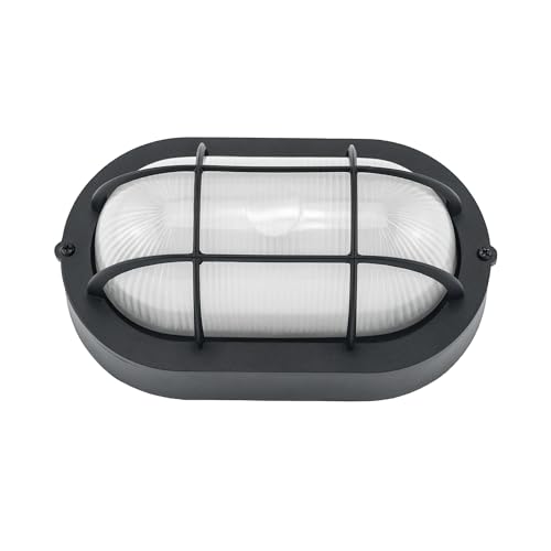 Oval Bulkhead Light, Outdoor LED Nautical and Sauna Lamp | 8.5 Inch, Dimmable, 600 Lumen 5000K, Aluminum, Glass, Water-proof Wall Lantern Light for Patio, Porch, Garage, Black, 1 Pack - color: 5000K Black, size: 1pk-oval