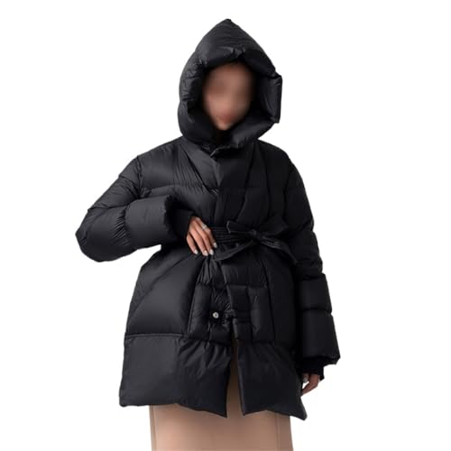 Women's Black Down Jacket Medium Length Loose Hooded Warm with Belt - size: Medium