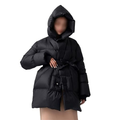 Women's Black Down Jacket Medium Length Loose Hooded Warm with Belt - size: Medium