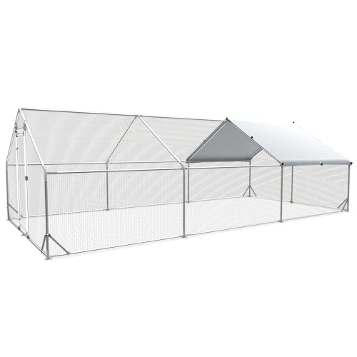 Large Metal Chicken Coop Run, Afqxf 19.5x9.8x6.4FT Outdoor Walk-in Poultry Cage Hen Playpen House with Waterproof Cover and Lockable Door for Patio Yard Farm - size: 19.5' L x 9.8' W x 6.4' H