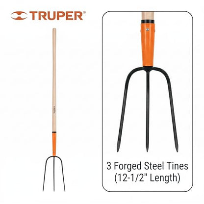 Truper 3-Tine Hay and Straw Fork, Manure Fork, 48-Inch Heavy-Duty Wood Handle, Single-Piece Forged Steel Agriculture and Pitchfork Tool (Model 11000 / BPJ-3)