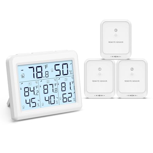 LOFICOPER Indoor Outdoor Thermometer Wireless, Digital Temperature Humidity Meter, Indoor Hygrometer Thermometer with 3 Sensors, Max/Min Record, Comfort Indicator, Backlight, for Home Office Bar