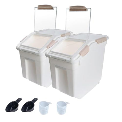 2Pack Airtight Flour Storage Container 25 lb Rice Storage Container with Wheels Seal Locking Lid, Dog Food Containers with Measuring Cup& Scoop for Flour, Rice, Grain, (Pink) - color: Pink 2 Count