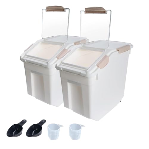 2Pack Airtight Flour Storage Container 25 lb Rice Storage Container with Wheels Seal Locking Lid, Dog Food Containers with Measuring Cup& Scoop for Flour, Rice, Grain, (Pink) - color: Pink 2 Count