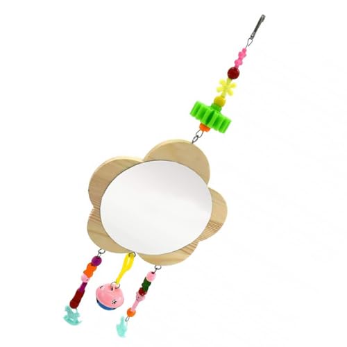 KOMBIUDA Wooden Hanging Chicken Mirror with Bell, Recyclable Pet Hen Rooster Mirror for Pecking, Bird Cage Interactive for Domestic Poultry Random Color