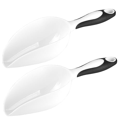 Plastic Ice Scoop 2pcs for Freezer Bin Multipurpose Ice Shovel Scooper for Flour Rice Popcorn Pet Food Soft Rubber Grip Handle - White