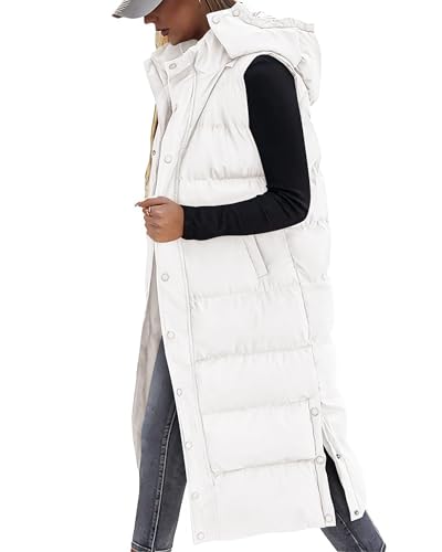 BTFBM Long Puffer Vest Women Quilted Hooded Button Down Zip Up Sleeveless Vests Outerwear Padded Jacket Fall Winter Coat - color: White, size: Medium