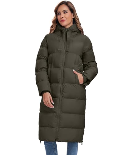 HOTIAN Womens Winter Maxi Long Puffer Coat Thicken Hooded Down Quilted Padded Jacket Winter Warm Outerwear - color: Army Green, size: X-Large