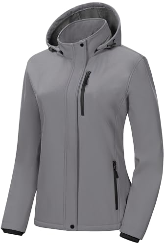 Pursky Women's Softshell Jacket Lightweight Fleece Lined Rain Jacket Waterproof Warm Windbreaker Coat With Removable Hood - color: Light Grey, size: XX-Large