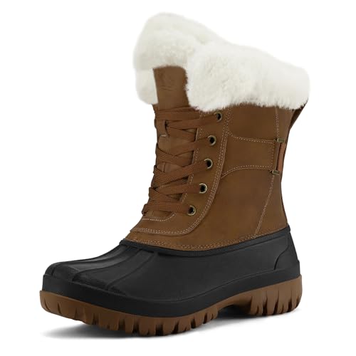 mysoft Women's Waterproof Snow Boots Insulated Warm, Lace-Up Winter Mid Calf Duck Boots for Outdoor - color: Black/Brown, size: 6