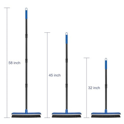 16 Inch 2-in-1 Squeegee Push Broom Outdoor Deck Brush 58" Long Handle for Patio Garage Warehouse Driveway Concrete Floor Cleaning Scrubbing(Blue)