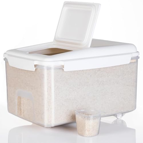 LivLab Mker Rice Storage Container 20 lbs - 15 lbs Airtight Flour Dispenser with Lids & wheel, BPA Free, kitchen organizers for Pet/Cat/Dog Food Storage Container (10 lbs), White - color: 10KG-A