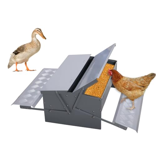 Automatic Chicken Feeder Treadle Feeding Trough, No Waste 25lbs Large Capacity Capacity Double-Side Treadle Auto Poultry Feeder, with Weatherproof Lid for for 6-12 Hens Fowl Duck