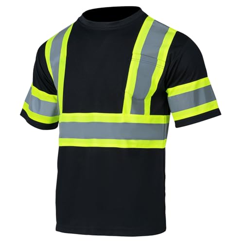 VENDACE Men's High Vis Class 2 Safety T Shirt ANSI Reflective Work Short Sleeve Shirt with Black Bottom(Black,XL) - color: Black, size: X-Large