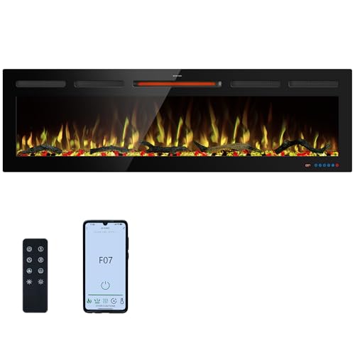 60" WiFi Electric Fireplace Inserts, Recessed and Wall Mounted Fireplace Heater W/Adjustable Flame Color & Brightness, Thermostat, 9H Timer, App and Remote Control, Low Noise, 750/1500W - size: 60" WiFi