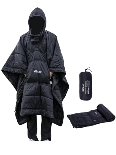 WildCall Hooded Camping Blanket with 3M Thinsulate Insulation Wearable Poncho Blanket Ultralight Foldable Quilt Sleeping Bag for Outdoor, Hiking, Stadium - color: Black