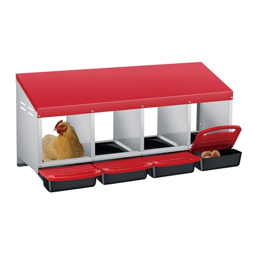 Metal Chicken Nesting Box with Easy-Collect Tray & Lid – 3/4/2x2 Compartment Heavy Duty Roll Away Nesting Boxes for Chickens, Wall Mount or Freestanding, Galvanized Steel Hen Laying Box for Coop - color: Red, size: 4 Holes