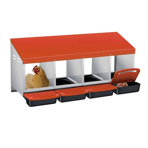 3/4-Hole Metal Chicken Nesting Box with Removable Roll-Out Tray - Easy Egg Collection & Clean Galvanized Steel Laying Box for Hens - for Backyard Coop & Poultry Farm Use - color: orange, size: orange 4 holes