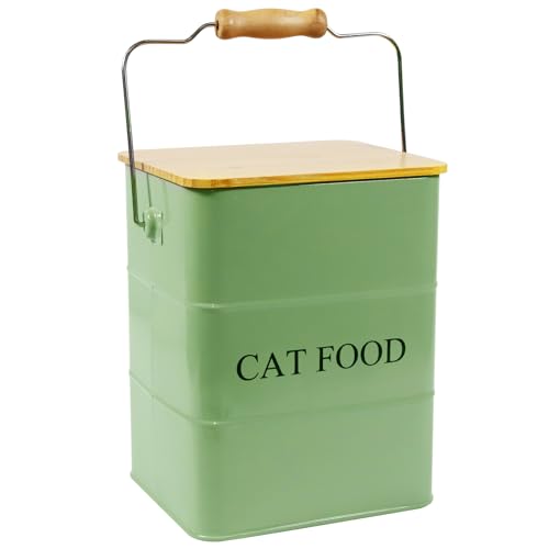 Morezi Cat food storage container storage bin with wooden lid scoop included green metal cat food container in kitchen countertop - color: Cat Food Wood Lid Green