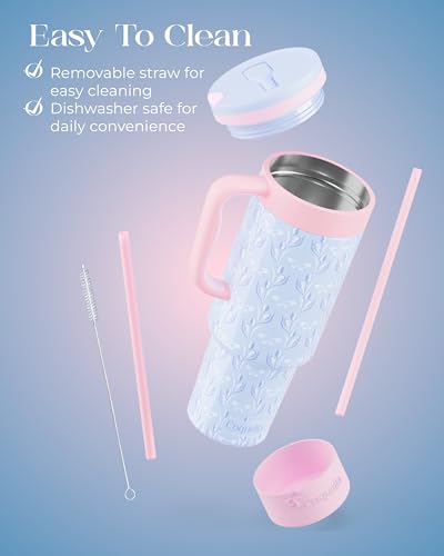 40 oz Insulated Tumbler with Handle and Push-Button Straw Lid, Stainless Steel Travel Cup for Gym Office, Leakproof, BPA-Free, Cup Holder Friendly, Bow Silicone Boot, Blue (Tulip Blue) - color: Tulip Blue