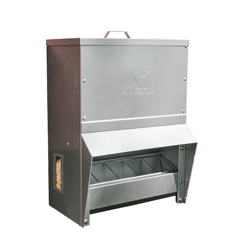 RentACoop Metal Trough Feeder with Lid & Rain Cover – Galvanized Steel, Gravity-Fed, Side View Window, Adjustable Grate for Easy Cleaning – Suitable for Chickens, Ducks, Poultry & More – 25lb Capacity - size: 25LB Capacity